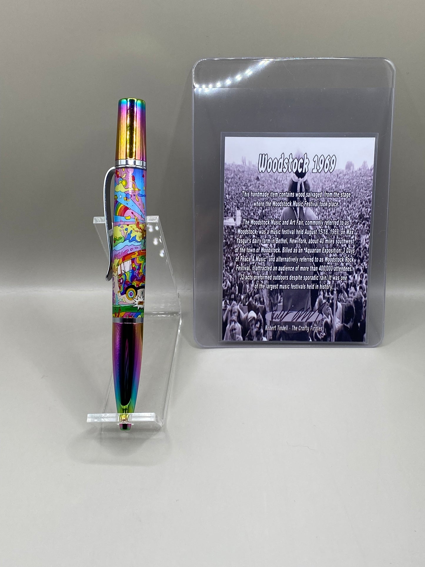 Woodstock 1969 Authentic Stage Wood Relic Pen – Handmade Hippie Psychedelic Rainbow Twist Ballpoint