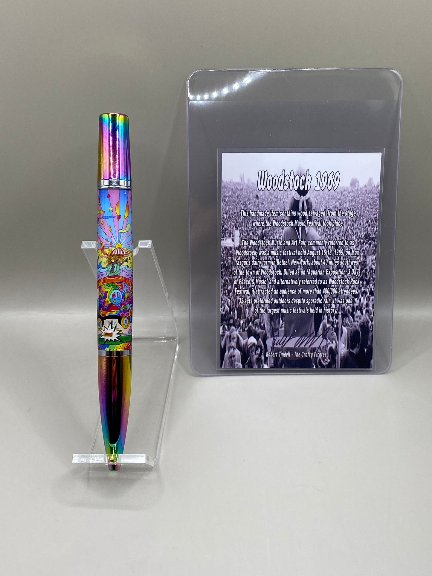 Woodstock 1969 Authentic Stage Wood Relic Pen – Handmade Hippie Psychedelic Rainbow Twist Ballpoint