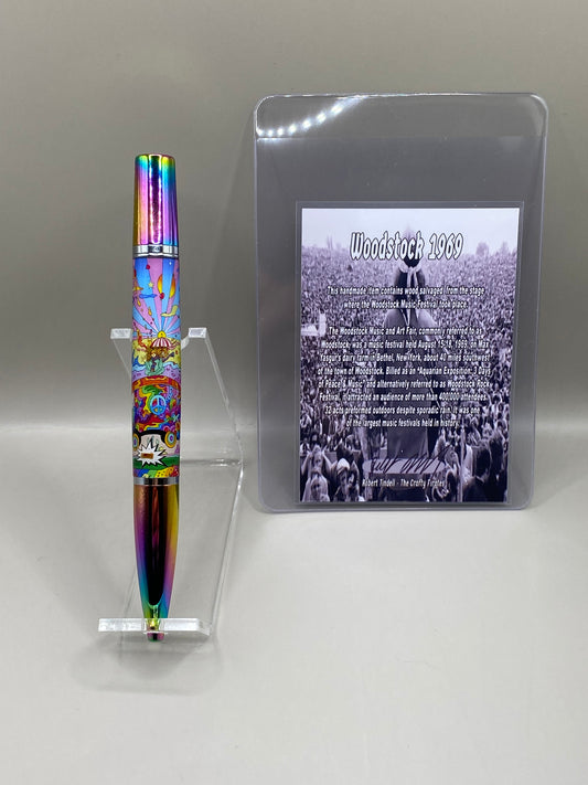 Woodstock 1969 Authentic Stage Wood Relic Pen – Handmade Hippie Psychedelic Rainbow Twist Ballpoint