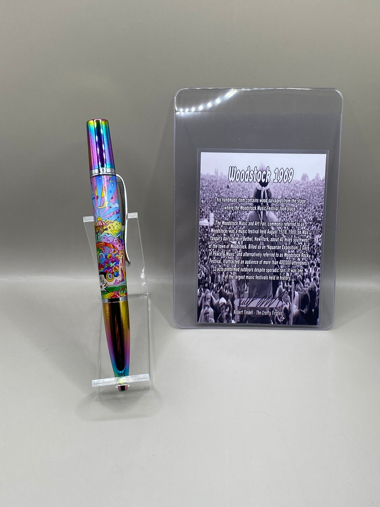 Woodstock 1969 Authentic Stage Wood Relic Pen – Handmade Hippie Psychedelic Rainbow Twist Ballpoint