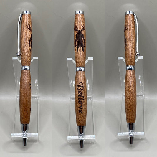 Custom Engraved Mahogany Wood Pen - Wendigo Silhouette “Believe” Laser Engraved - Cryptid Horror Gift, Chrome Accent Twist Ballpoint
