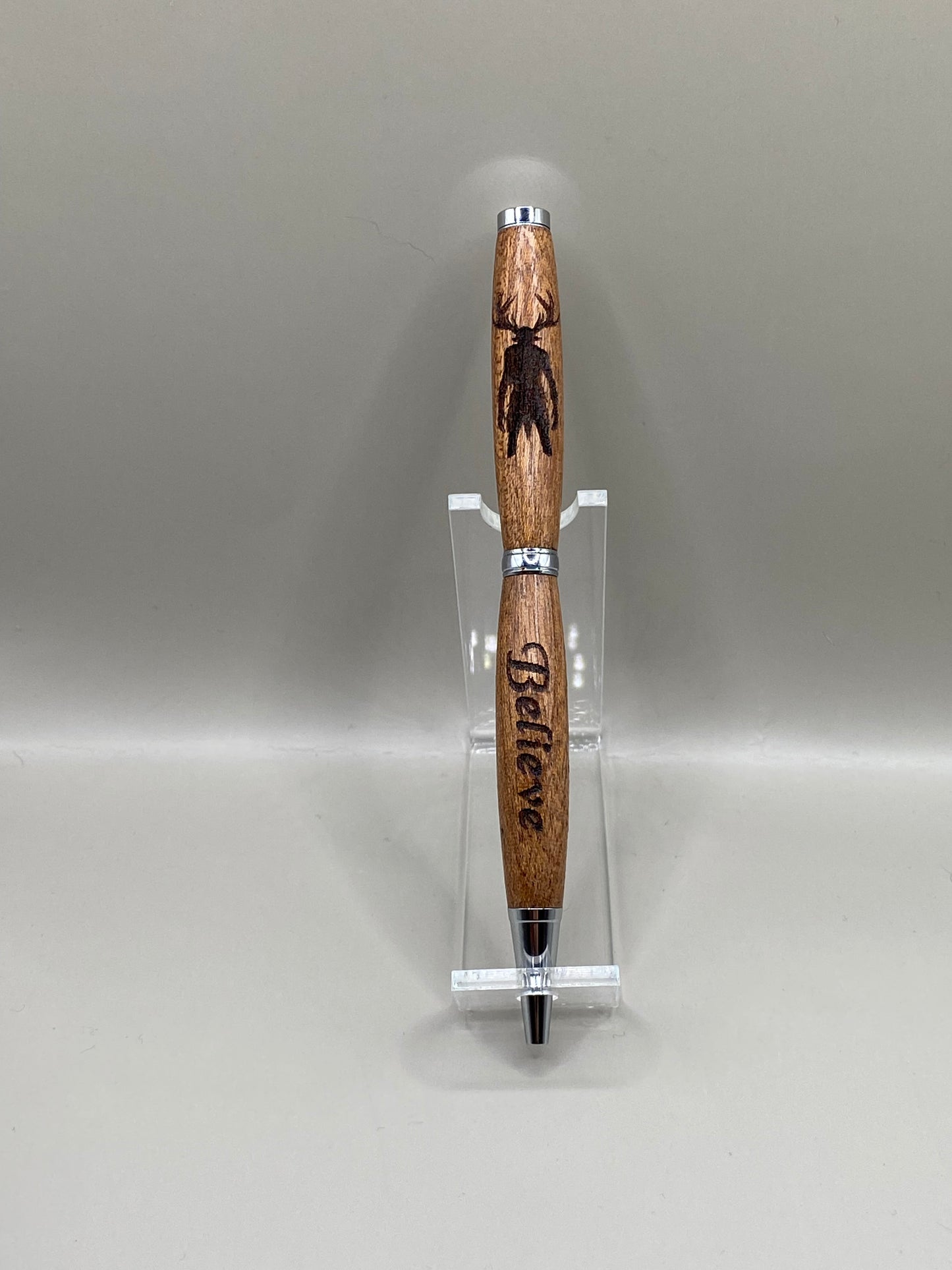 Custom Engraved Mahogany Wood Pen - Wendigo Silhouette “Believe” Laser Engraved - Cryptid Horror Gift, Chrome Accent Twist Ballpoint