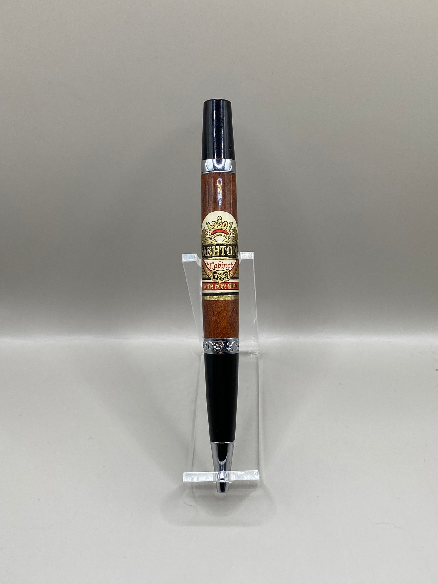 Handcrafted Ashton VSG Cigar Band Pen - Resin Cigar Leaf Design, Chrome & Black Twist Ballpoint