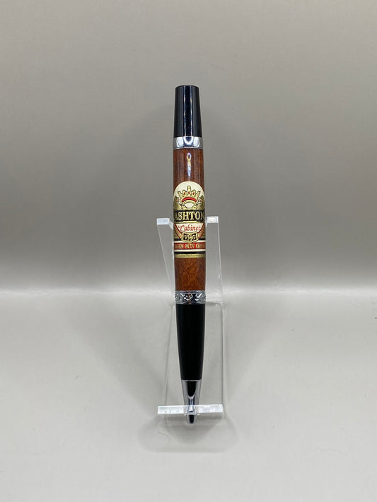 Handcrafted Ashton VSG Cigar Band Pen - Resin Cigar Leaf Design, Chrome & Black Twist Ballpoint